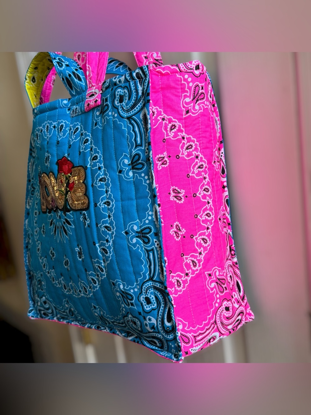 WHERE DID YOU GET THAT BAG Handmade Quilted Bandana Bag Turquoise & Pink - Picture 10 of 16